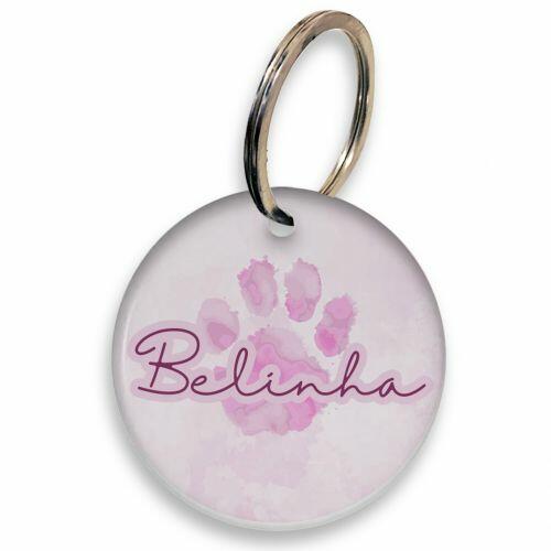Placa de Identifica��o Personalizada com Telefone e QR Code - Patinha Aquarela - Rosa