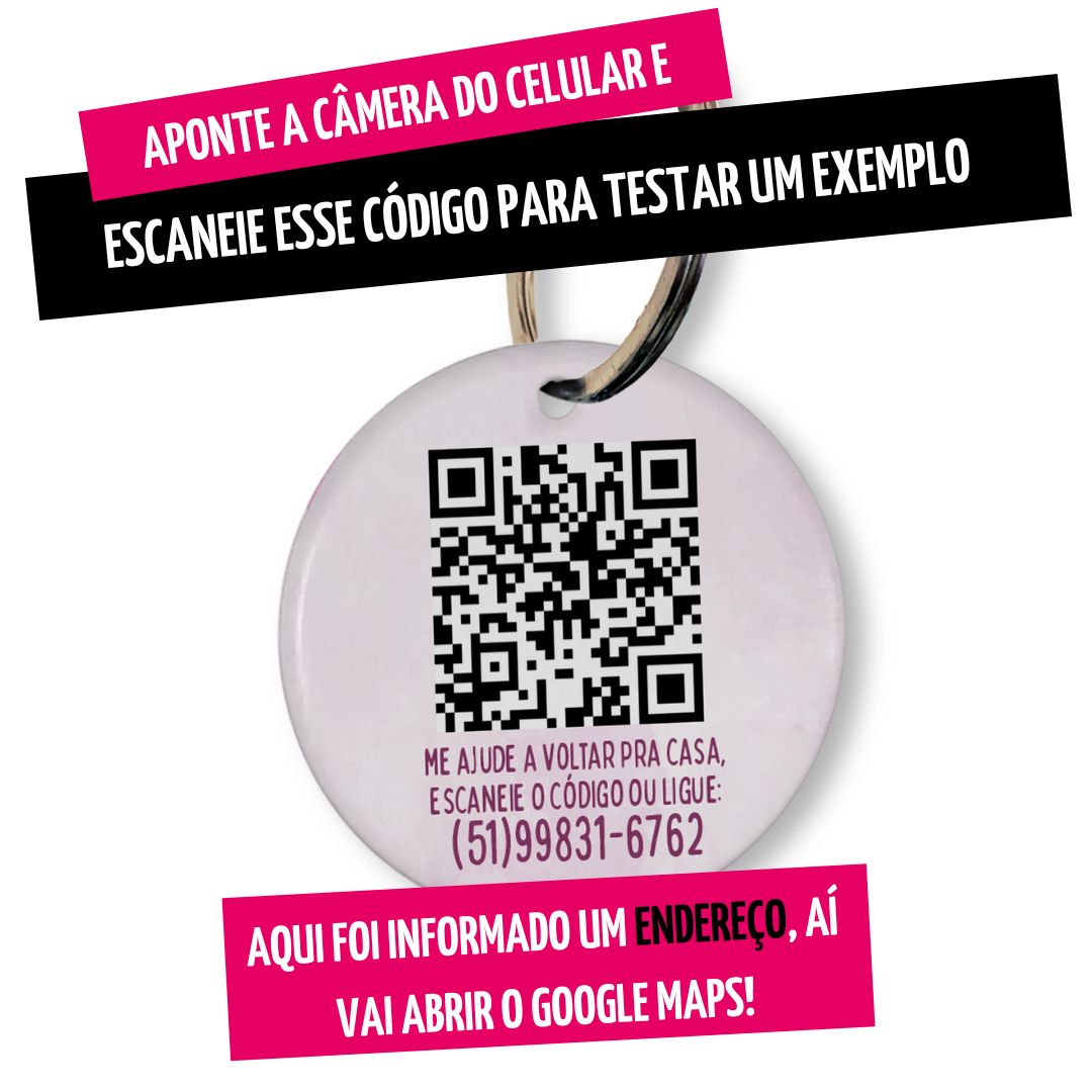 Placa de Identificação Personalizada com Telefone e QR Code - Patinha Aquarela - Rosa