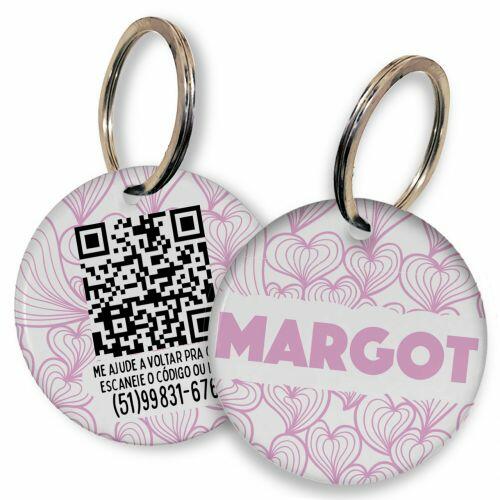 Placa de Identifica��o Personalizada com Telefone e QR Code - Mar de Cora��es - Rosa