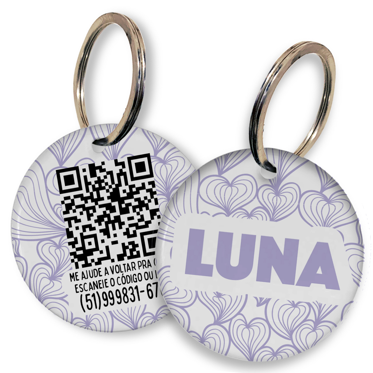 Placa de Identificação Personalizada com Telefone e QR Code - Mar de Corações - Lilás