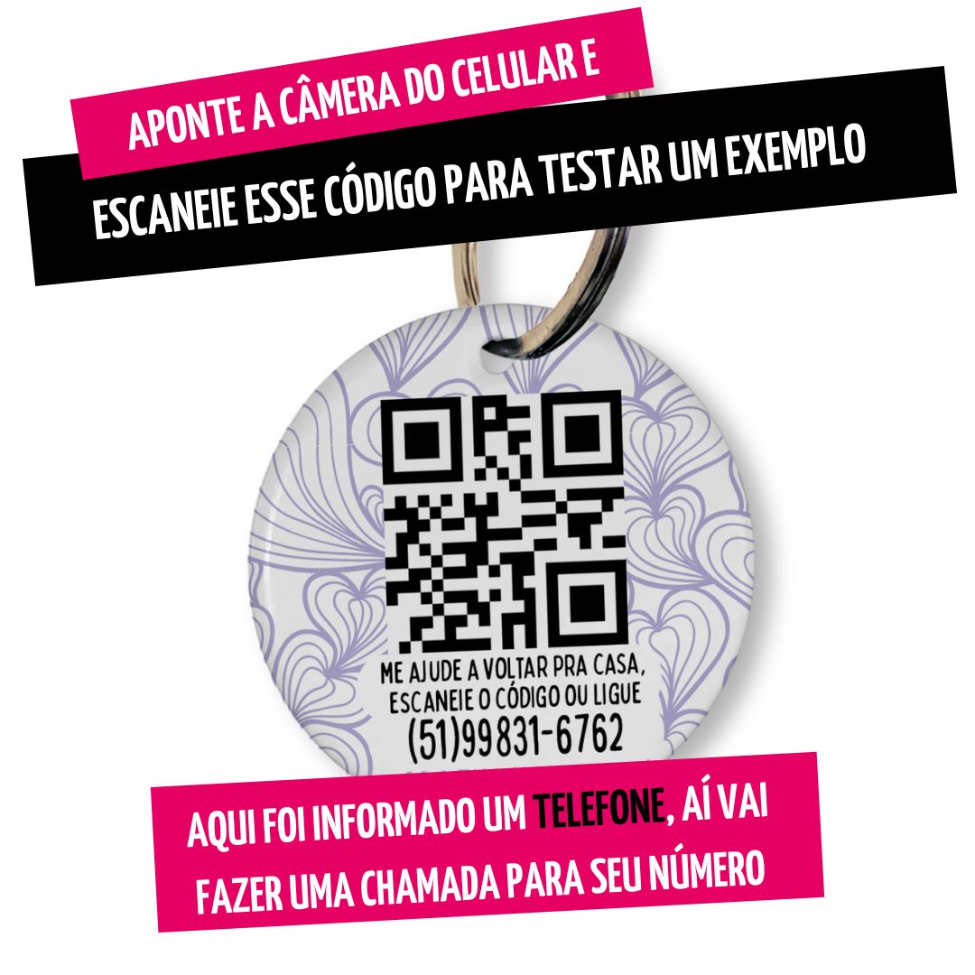 Placa de Identificação Personalizada com Telefone e QR Code - Mar de Corações - Lilás