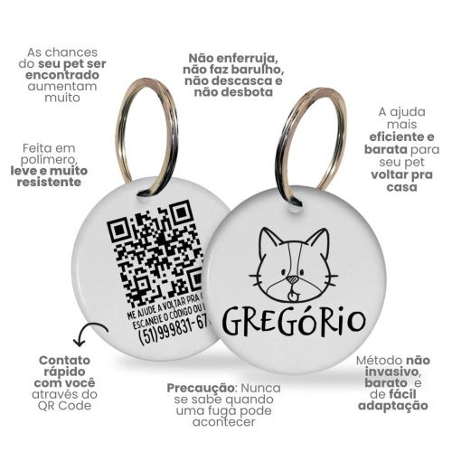 Placa de Identificação Personalizada com Telefone e QR Code - Gato Frajola