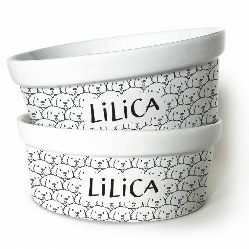 Kit Comedouro e Bebedouro Personalizados de Cer�mica | Bichon Fris� - Cole��o Carinhas