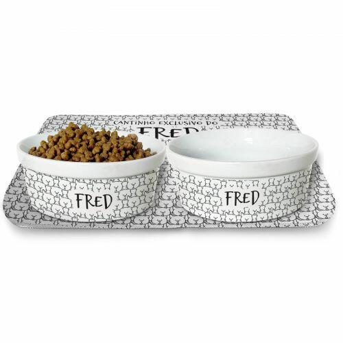 Kit Comedouro, Bebedouro e Tapete Personalizados para Gato | Cole��o Carinhas