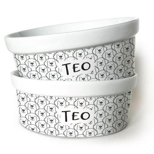 Kit Comedouro e Bebedouro Personalizados de Cer�mica | Golden - Cole��o Carinhas
