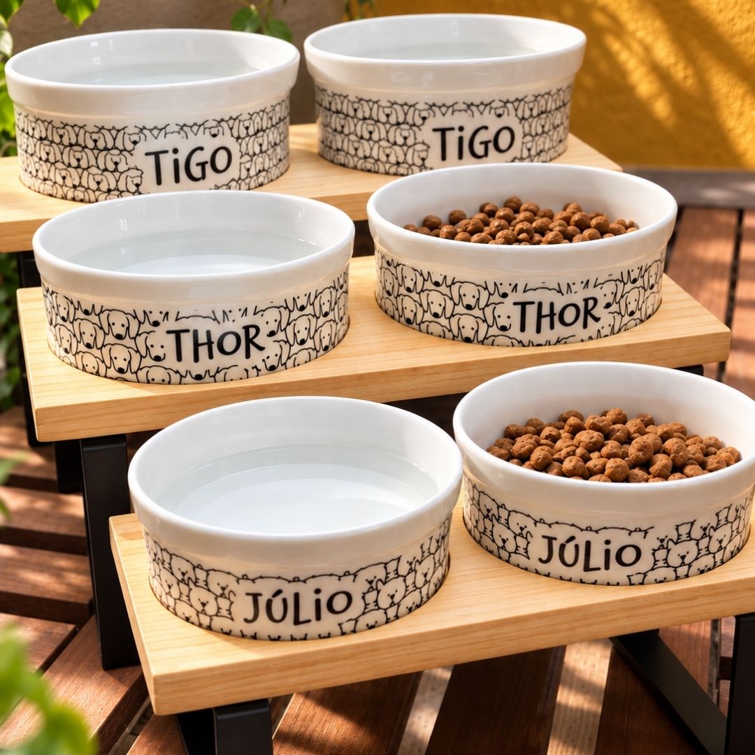 Kit Comedouro e Bebedouro de Cerâmica Personalizados - Carinhas - Escolha a Raça