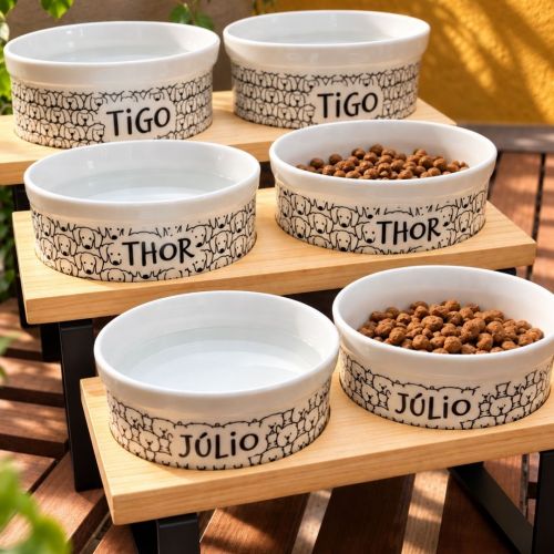 Kit Comedouro e Bebedouro de Cerâmica Personalizados - Carinhas - Escolha a Raça