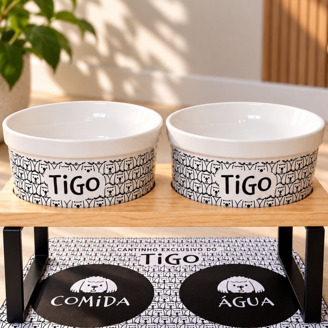 Kit Comedouro e Bebedouro de Cerâmica Personalizados - Carinhas - Escolha a Raça