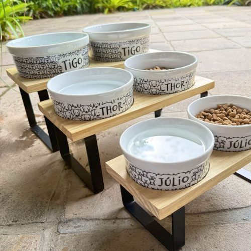 Kit Comedouro e Bebedouro de Cerâmica Personalizados - Carinhas - Escolha a Raça