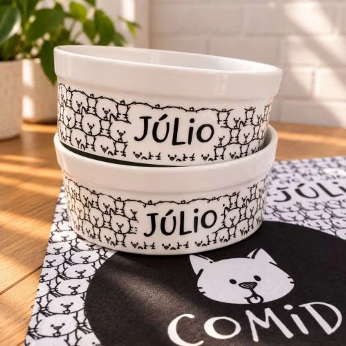 Kit Comedouro e Bebedouro Personalizados + 2 Suportes - Escolha a Raça | Coleção Carinhas