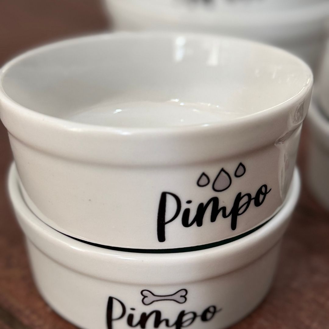 Kit Comedouro e Bebedouro de Cerâmica com Nome do Pet - Escolha Cores e Ícones