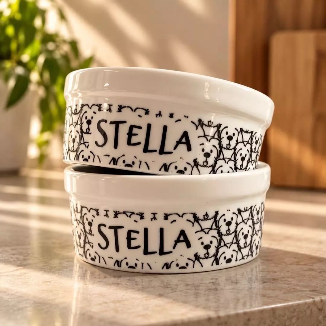 Kit Tigela Personalizada com Suporte Individual - Escolha a Raça - Coleção Carinhas