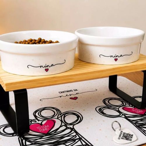 Kit Tigela Personalizada com Suporte Individual - Escolha a Cor - Coleção Patinha