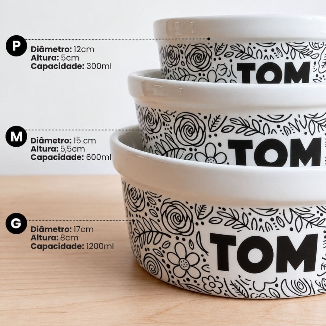 Kit Tigela Personalizada com Suporte Individual - Floral P&B