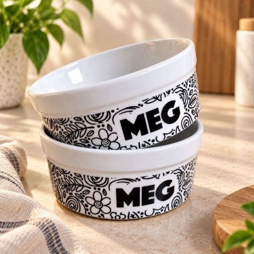 Kit Tigela Personalizada com Suporte Individual - Floral P&B