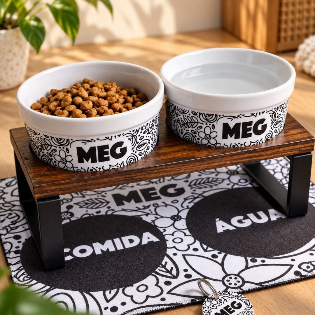 Kit Tigela Personalizada com Suporte Individual - Floral P&B
