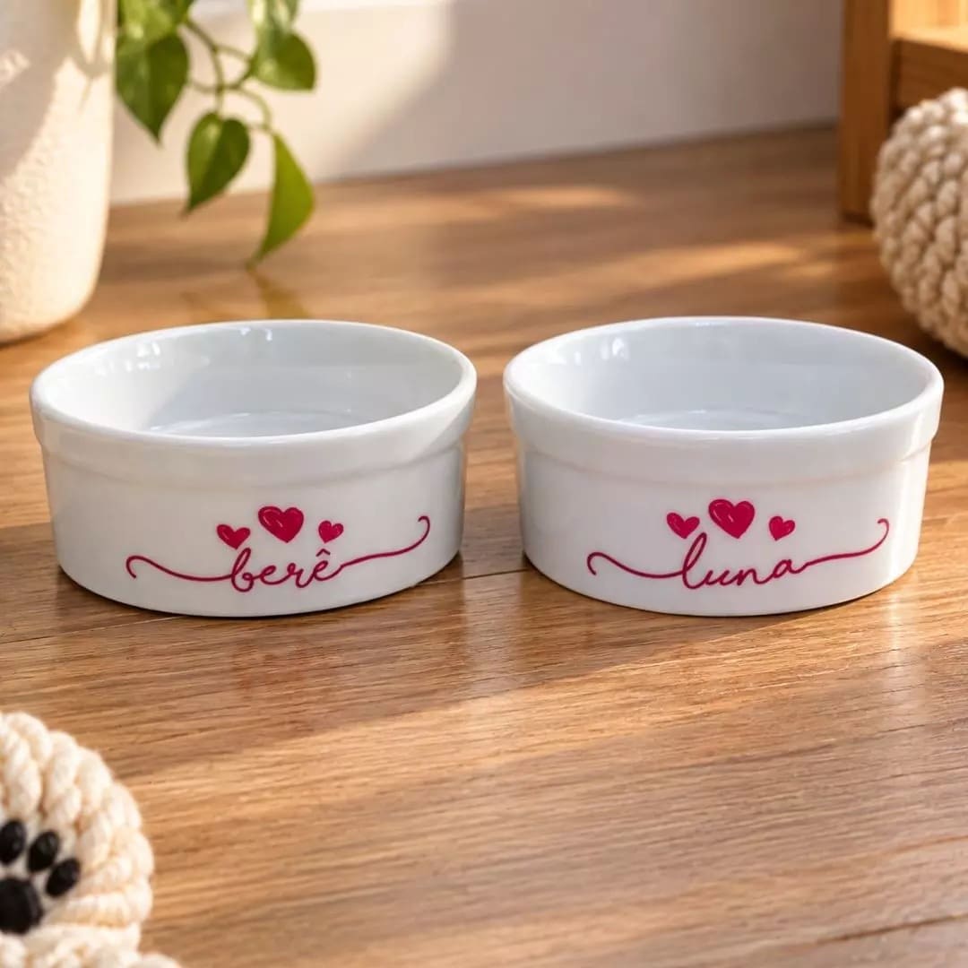 Kit Tigela Personalizada com Suporte Individual - Escolha a Cor - Três Corações