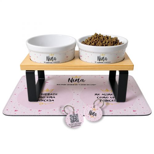 Cantinho Completo Personalizado Pr�ncipe/Princesa - Comedouro, Bebedouro, Suporte Duplo, Tapete Antiderrapante e Plaquinha de Identifica��o