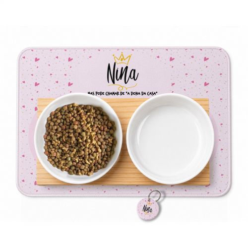 Cantinho Completo Personalizado Pr�ncipe/Princesa - Comedouro, Bebedouro, Suporte Duplo, Tapete Antiderrapante e Plaquinha de Identifica��o