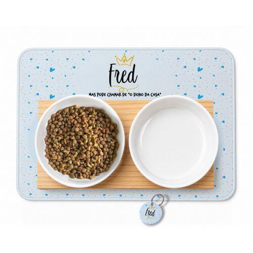 Cantinho Completo Personalizado Pr�ncipe/Princesa - Comedouro, Bebedouro, Suporte Duplo, Tapete Antiderrapante e Plaquinha de Identifica��o