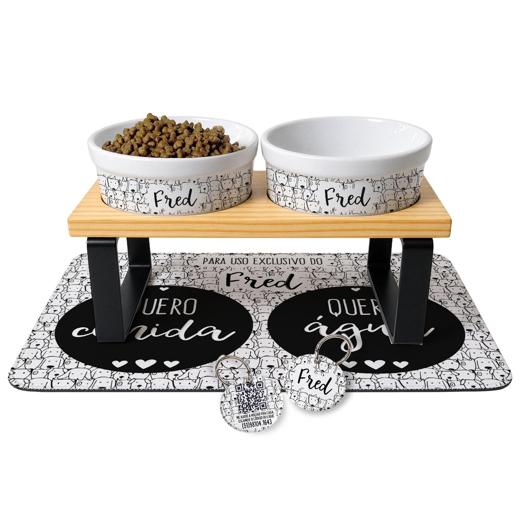 Cantinho Completo Personalizado Cachorrada - Comedouro, Bebedouro, Suporte Duplo, Tapete Antiderrapante e Plaquinha de Identificação