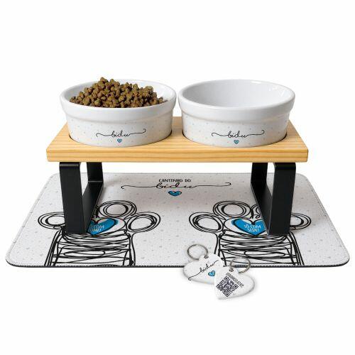 Cantinho Completo Personalizado Cole��o Patinha - Comedouro, Bebedouro, Suporte Duplo, Tapete Antiderrapante e Plaquinha de Identifica��o