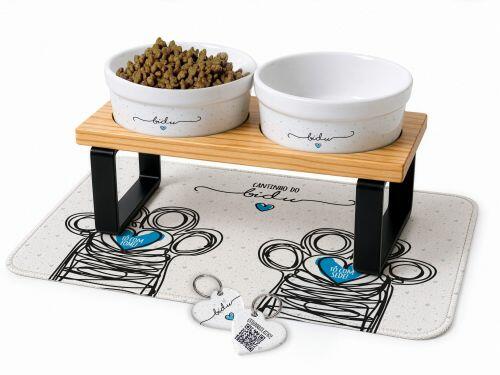 Cantinho Completo Personalizado Cole��o Patinha - Comedouro, Bebedouro, Suporte Duplo, Tapete Antiderrapante e Plaquinha de Identifica��o