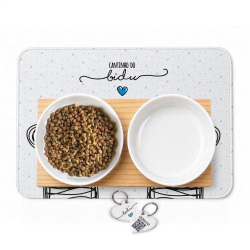 Cantinho Completo Personalizado Cole��o Patinha - Comedouro, Bebedouro, Suporte Duplo, Tapete Antiderrapante e Plaquinha de Identifica��o