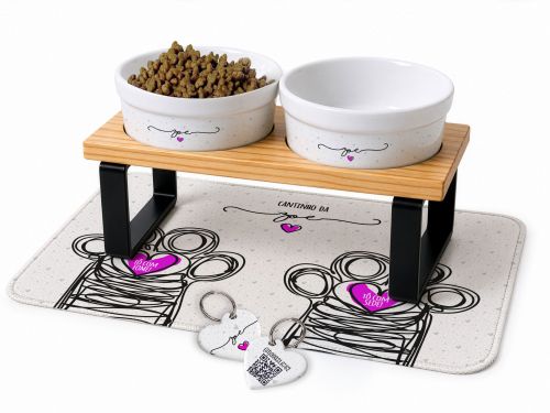 Cantinho Completo Personalizado Cole��o Patinha - Comedouro, Bebedouro, Suporte Duplo, Tapete Antiderrapante e Plaquinha de Identifica��o