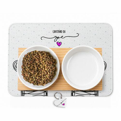 Cantinho Completo Personalizado Cole��o Patinha - Comedouro, Bebedouro, Suporte Duplo, Tapete Antiderrapante e Plaquinha de Identifica��o