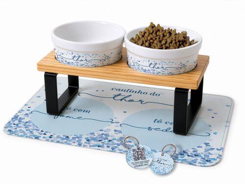 Cantinho Completo Personalizado Cora��es Rosas ou Azuis  - Comedouro, Bebedouro, Suporte Duplo, Tapete Antiderrapante e Plaquinha de Identifica��o