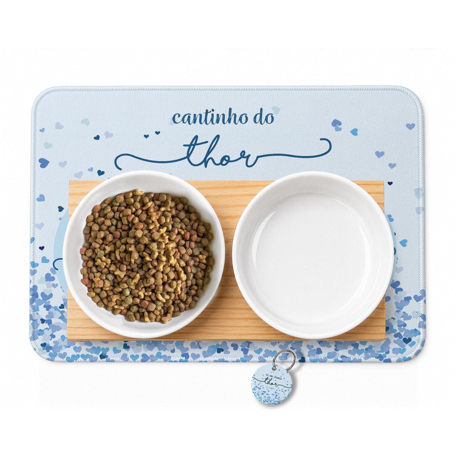 Cantinho Completo Personalizado Corações Rosas ou Azuis - Comedouro, Bebedouro, Suporte Duplo, Tapete Antiderrapante e Plaquinha de Identificação