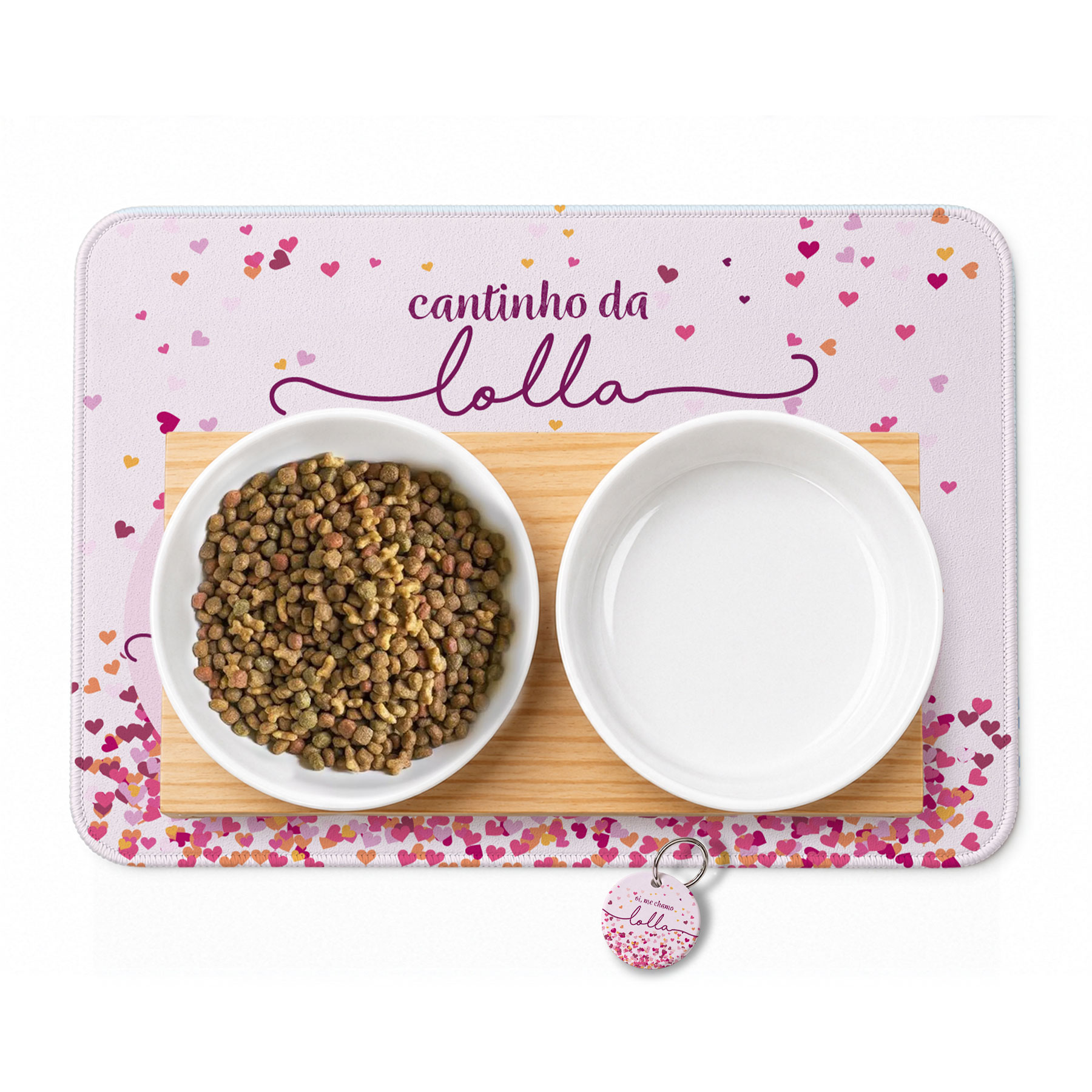 Cantinho Completo Personalizado Corações Rosas ou Azuis - Comedouro, Bebedouro, Suporte Duplo, Tapete Antiderrapante e Plaquinha de Identificação