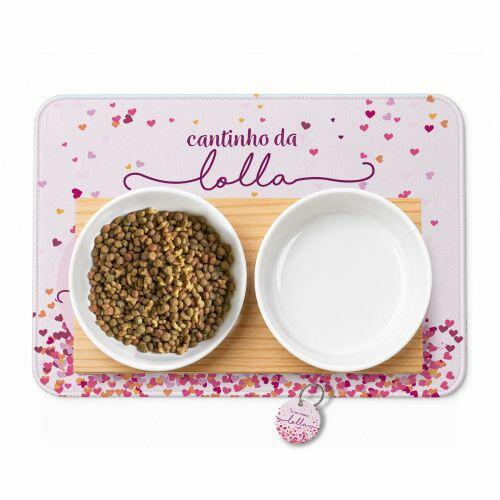 Cantinho Completo Personalizado Corações Rosas ou Azuis - Comedouro, Bebedouro, Suporte Duplo, Tapete Antiderrapante e Plaquinha de Identificação