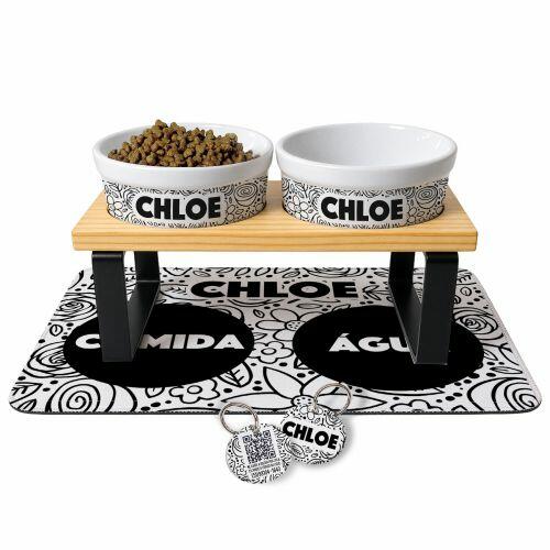 Cantinho Completo Personalizado Floral Preto e Branco  - Comedouro, Bebedouro, Suporte Duplo, Tapete Antiderrapante e Plaquinha de Identifica��o