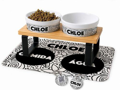Cantinho Completo Personalizado Floral Preto e Branco  - Comedouro, Bebedouro, Suporte Duplo, Tapete Antiderrapante e Plaquinha de Identifica��o