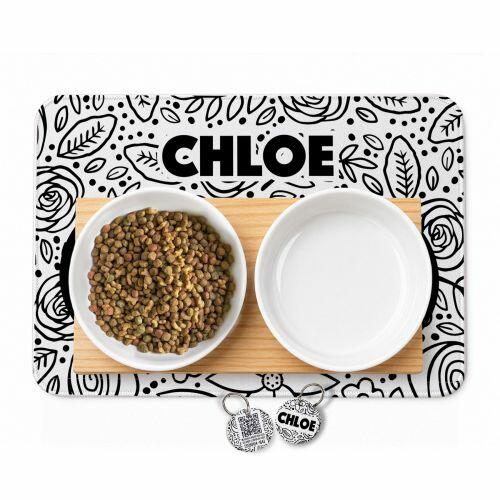 Cantinho Completo Personalizado Floral Preto e Branco  - Comedouro, Bebedouro, Suporte Duplo, Tapete Antiderrapante e Plaquinha de Identifica��o