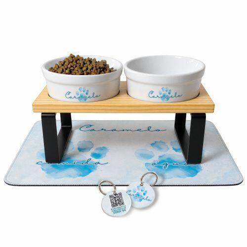 Cantinho Completo Aquarela Azul ou Rosa - Personalizado com Tigelas + Suporte Duplo + Tapete + Plaquinha