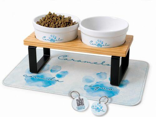 Cantinho Completo Aquarela Azul ou Rosa - Personalizado com Tigelas + Suporte Duplo + Tapete + Plaquinha