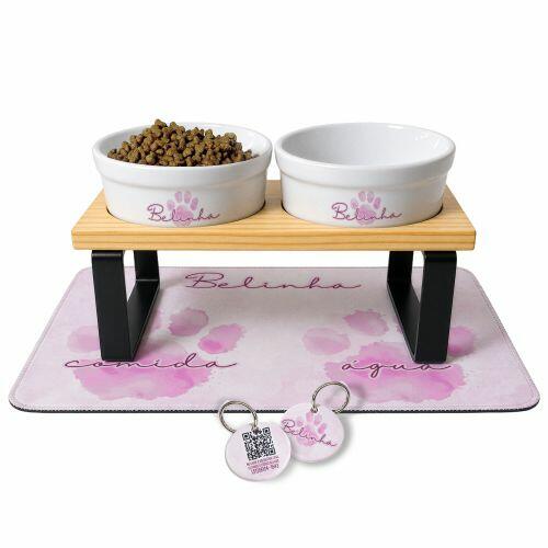 Cantinho Completo Aquarela Azul ou Rosa - Personalizado com Tigelas + Suporte Duplo + Tapete + Plaquinha