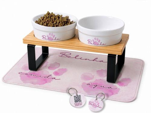 Cantinho Completo Aquarela Azul ou Rosa - Personalizado com Tigelas + Suporte Duplo + Tapete + Plaquinha