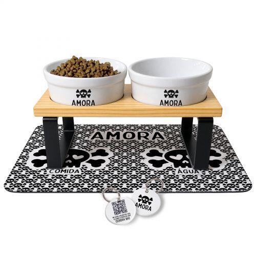Cantinho Completo Caveira - Tigelas + Suporte Duplo + Tapete + Plaquinha Gr�tis