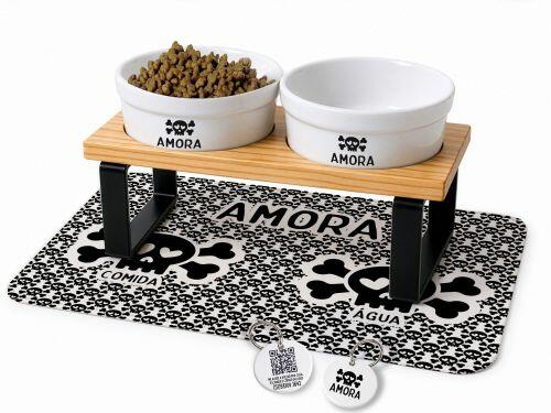 Cantinho Completo Caveira - Tigelas + Suporte Duplo + Tapete + Plaquinha Gr�tis