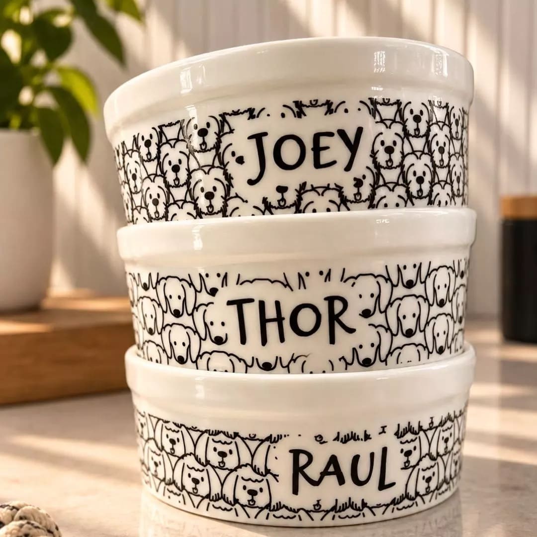 Comedouro e bebedouro personalizados Coleção Carinhas com nome do pet
