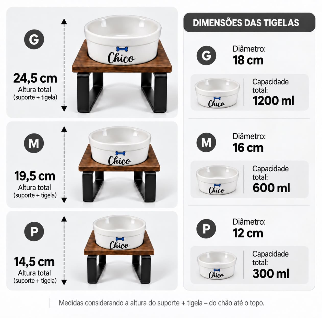 Medidas das tigelas personalizadas com suporte individual nos tamanhos P M e G