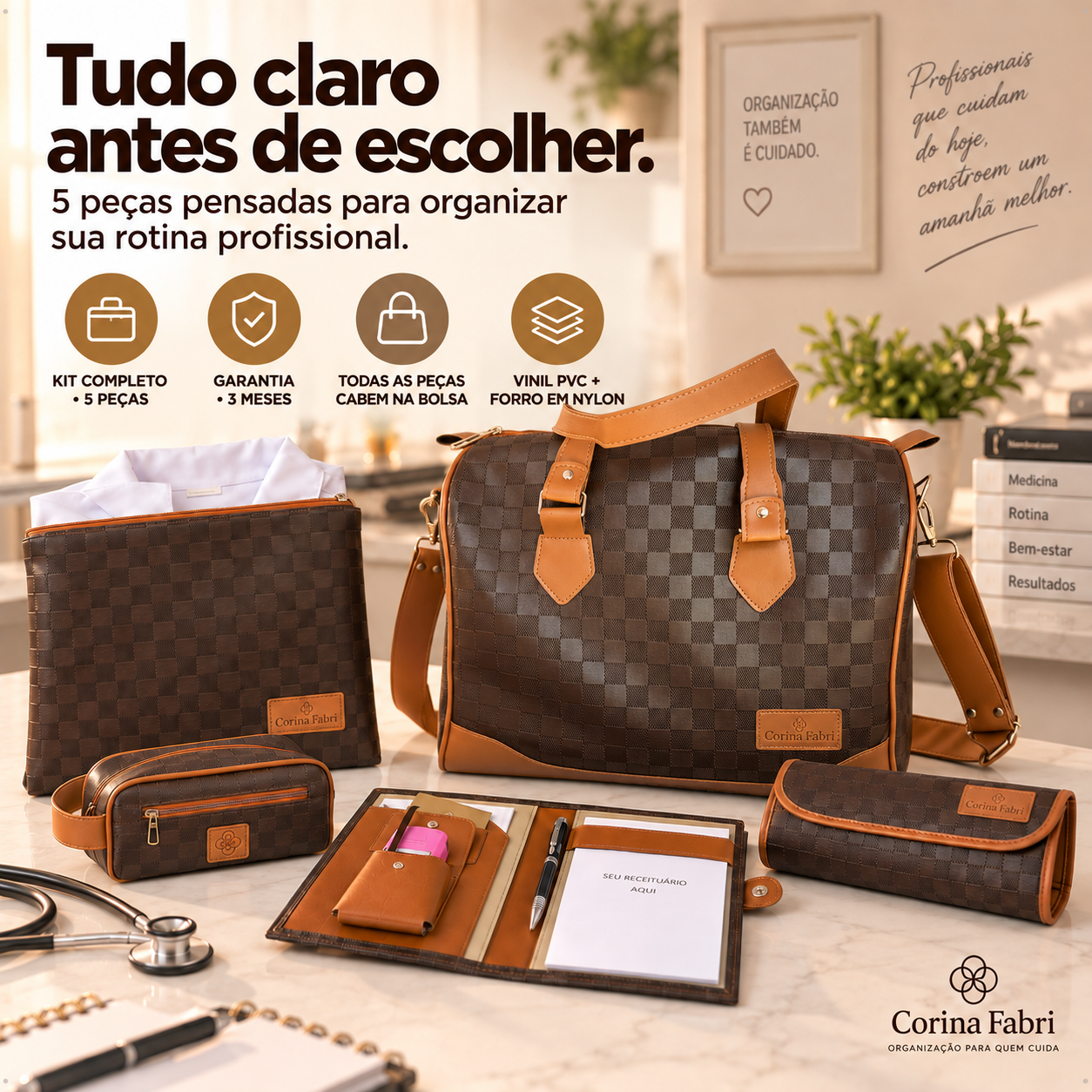 Super Kit Organizador Médico em Vinil Xadrez Marrom