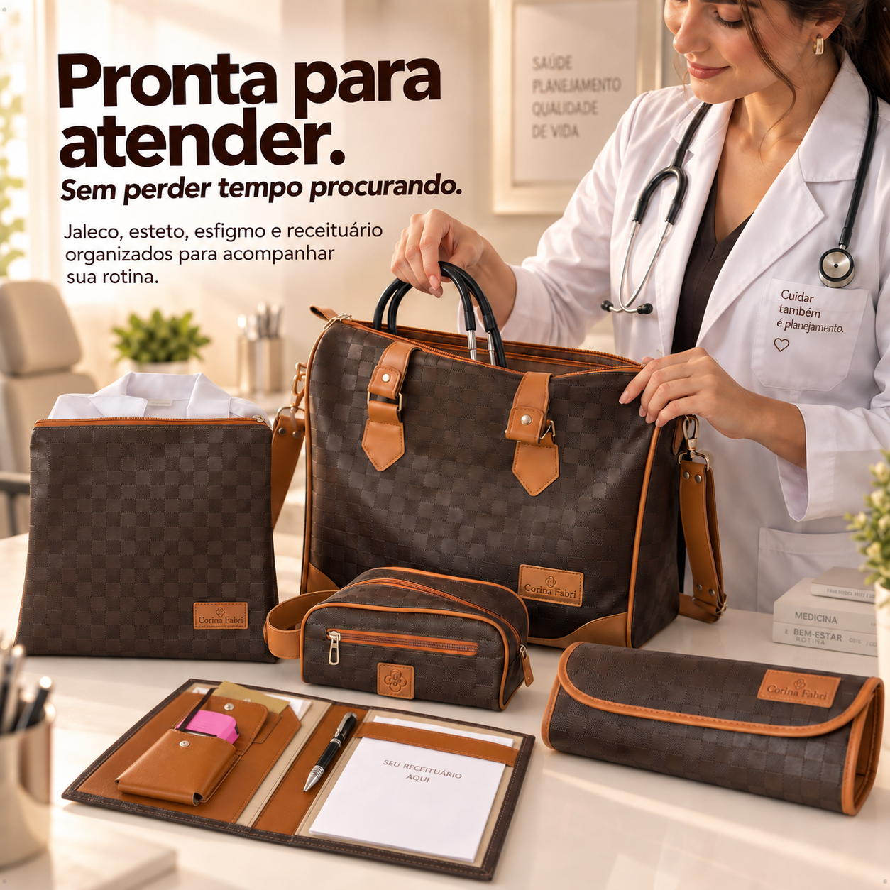 Super Kit Organizador Médico em Vinil Xadrez Marrom