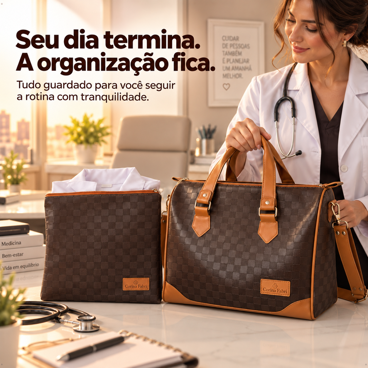 Super Kit Organizador Médico em Vinil Xadrez Marrom