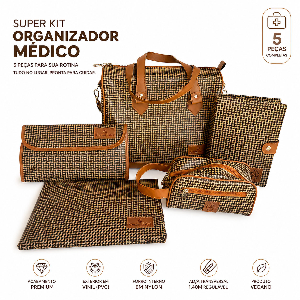 Super Kit Organizador em Vinil Pied de Poule Castanho