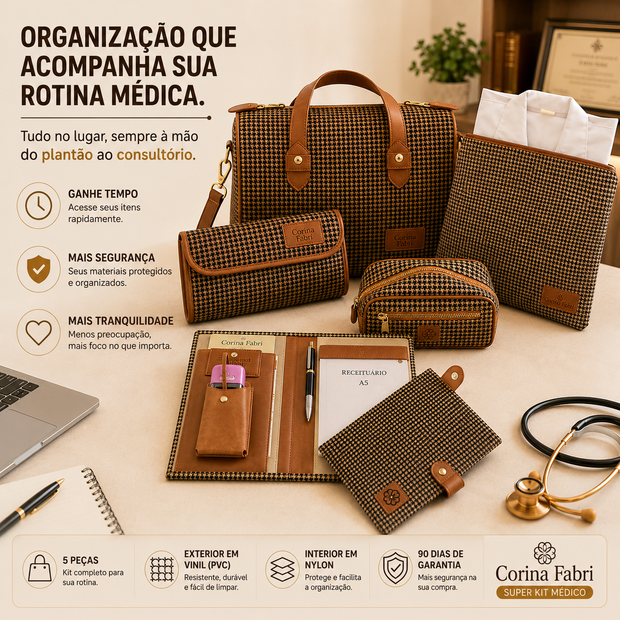 Super Kit Organizador em Vinil Pied de Poule Castanho